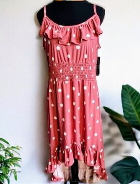 INC Pink Polka Dot Ruffle Midi Dress Size L NWT Cottagecore